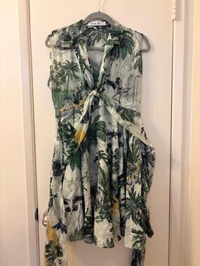 Dior Green and Black Tropical Print Collared Dress